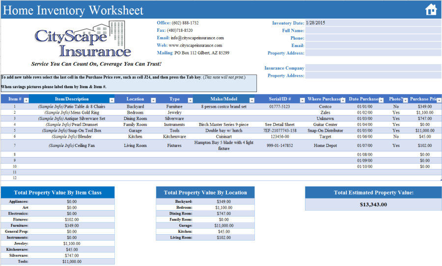 Free Home Inventory Worksheet – CityScape Insurance