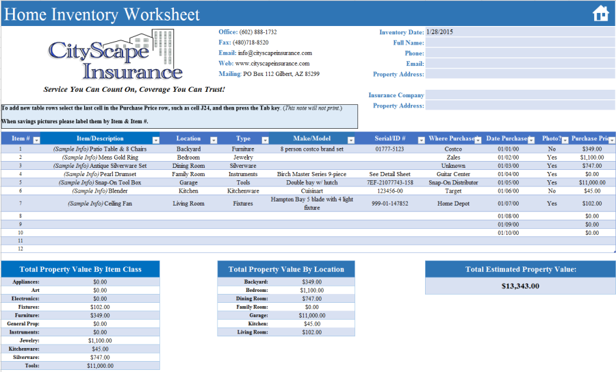 Free Home Inventory Worksheet CityScape Insurance